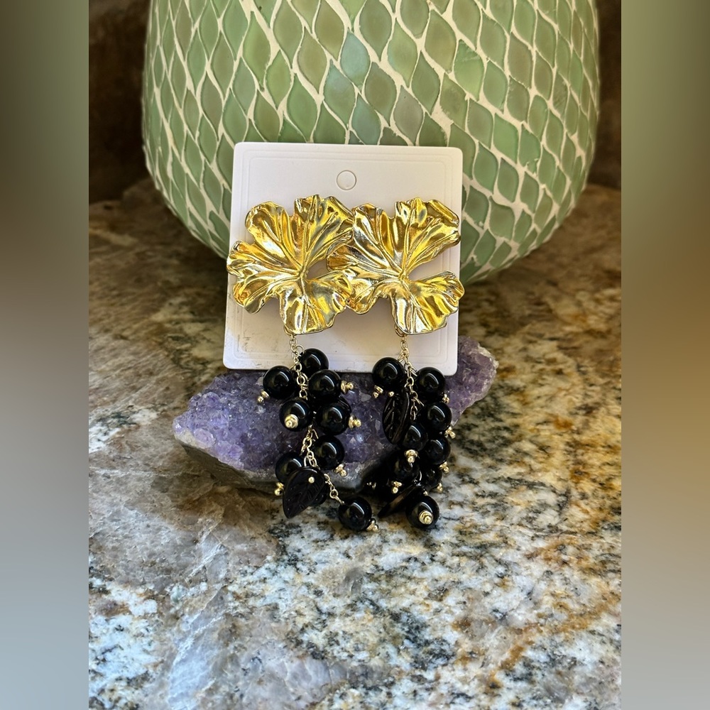Gold Leaf Black Bead Dangle Earrings